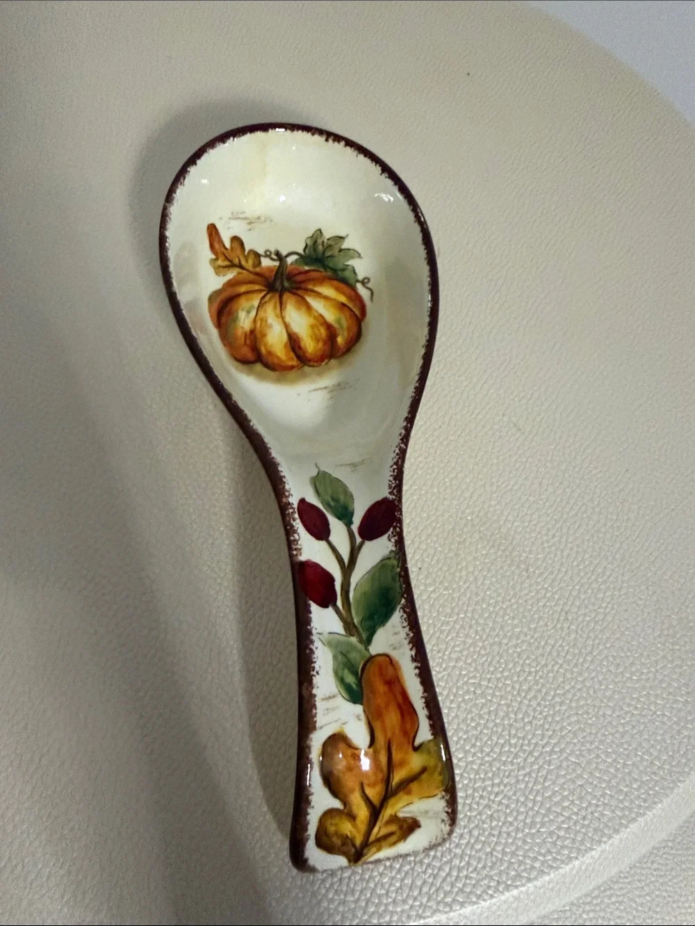 Hand-Painted Pumpkin Ceramic Spoon Rest - White and Autumn Colors